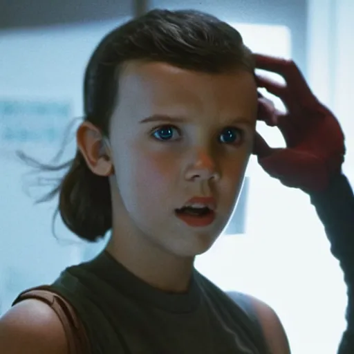 Image similar to Millie Bobby Brown as the Terminator, movie still, dramatic, dark, bloody, doomsday