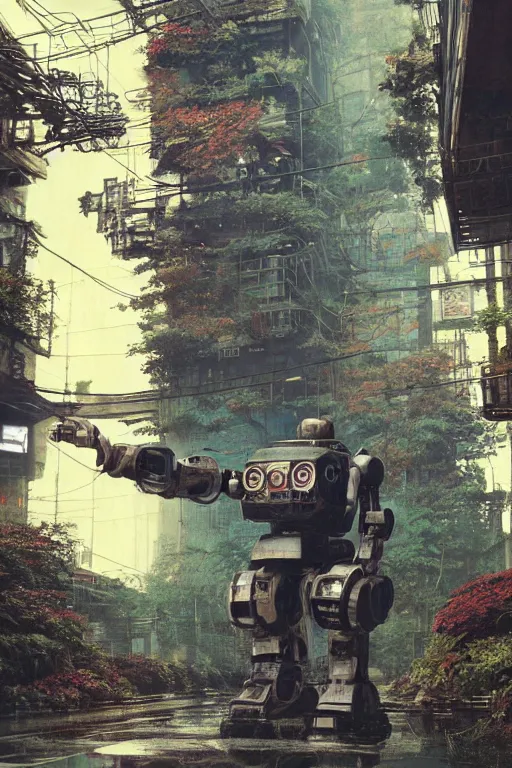 Image similar to vintage autochrome photo of ancient overgrown cyberpunk tokyo with robot by craig mullins, rutkowski, hiroshi yoshida, night, rain, flowers, beautifully lit, hyperdetailed, unreal engine, 3 d rendered, photorealistic, artstation, cgsociety