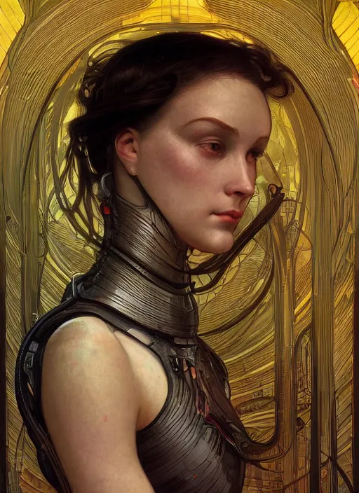 Image similar to portrait of a beautiful female android, coy, circuitry visible in head, in the style of ex machina, karol bak, alphonse mucha, greg rutkowski, award winning, hr giger, artstation,