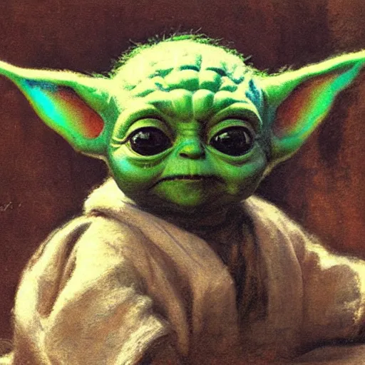 Prompt: baby yoda, by Henry Ossawa Tanner