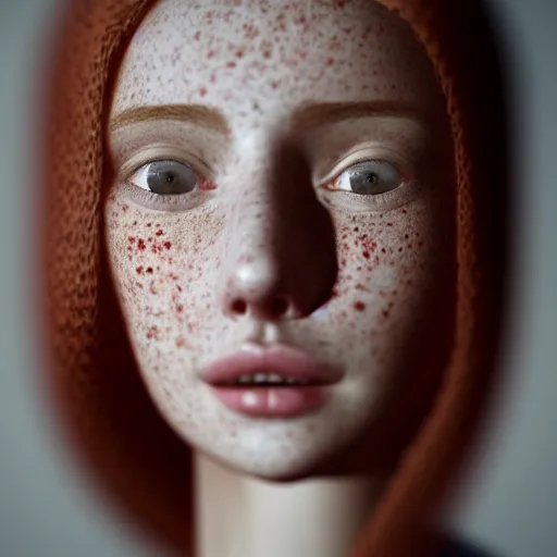 Image similar to portrait of a cute thin young woman, red blush, cute freckles wearing casual clothes, small smile, relaxing on a couch, cozy under a blanket, cozy living room, close up shot, 8 k, trending on artstation, art by diego fazio and irakli nadar and ron mueck, hyperrealism, hyperdetailed, ultra realistic