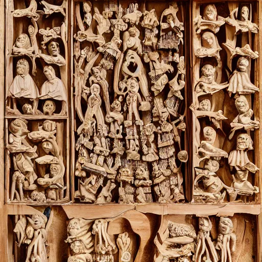 Prompt: Retablo del Mar (Altarpiece of the Sea). The most important work of Sebastian Miranda, depicts scenes of the populous fish market of Gijón, carved on a wooden board. Hyper detailed featured in artstation