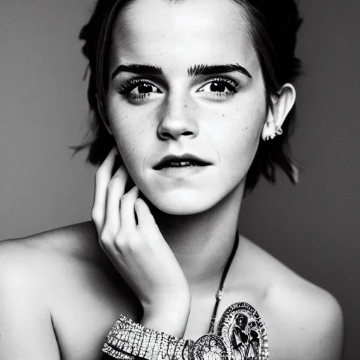 Image similar to emma watson with jewellary crown queen, sensual, beautiful soft light failling on her face, studio photography, nikon 3 5 mm portrait photography, ultra realistic