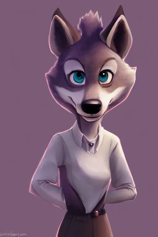 Image similar to matte painting of anthromorphic female wolf, in style of cory loftis, female fursona, furry, furaffinity, 4 k, deviantart, furry art, fursona art, wearing black business suit, business suit, in style of zootopia, wolf fursona, cyberpunk, female, very expressive detailed feminine face,