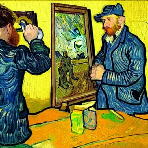 Prompt: a painting of van gogh painting himself while he paints himself painting