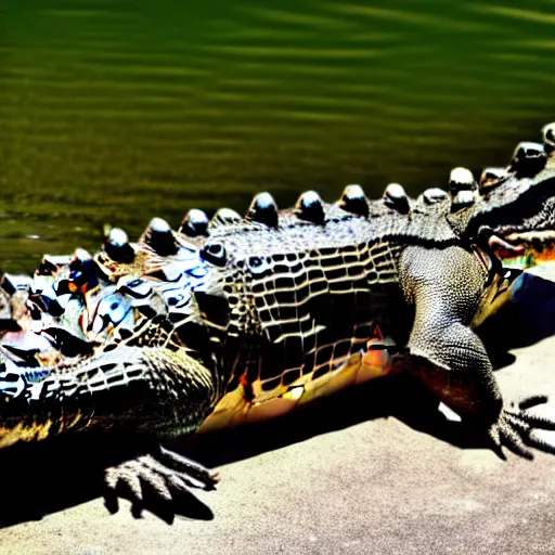 Image similar to Full body photo of a crocodile with feathers