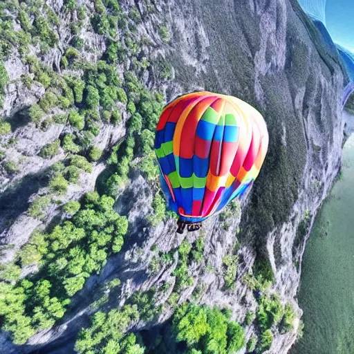 Prompt: a hairy dog attached to a large open balloon parachute jumping from a mountain cliff. captured by a drone. wide camera. epic