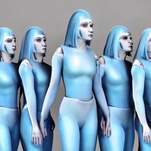 Image similar to troop of cloned ancient women with white bob hairdos, tight light blue neopren suits, futuristic production facility, sci - fi, highly detailed, cinematic