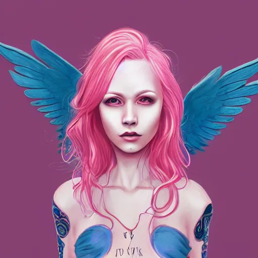 Image similar to beautiful magic angel with pink hair, full body, blue piercing eyes, thin features, beautiful aesthetic, by james jean, trending on artstation, digital art