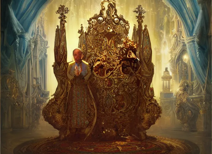 Image similar to kneeling before the pope, royal robe, gold trim, light effect, hyper detailed, intricate, atmospheric, elegant, photorealistic by paul lehr, marco mazzoni, featured on cgsociety, rococo, whimsical, artstation