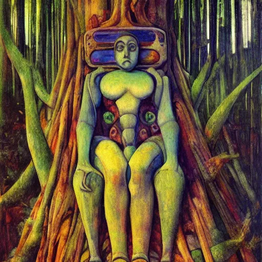Image similar to the robot on her forest throne, by Annie Swynnerton and Diego Rivera, symbolist, dramatic lighting, elaborate geometric ornament, Art Brut ,god rays, soft cool colors,smooth, sharp focus, extremely detailed, Adolf Wölfli