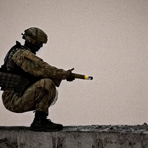 Prompt: A soldier in a combat exoskeleton slumped against a wall watching the sunset while smoking a cigarette as a nuke explodes in the background, 50mm lens, Pulitzer Prize Winner 2028, shot on a DSLR,
