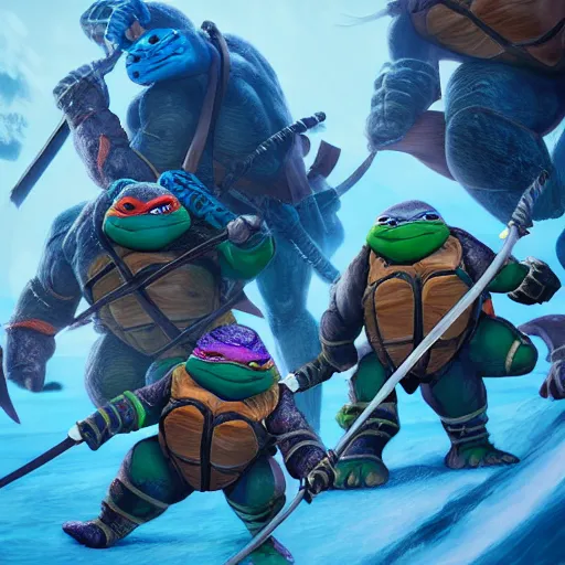 Image similar to the ninja turtles surfing on snow, digital art, trending in artstation, cinematic lighting, studio quality, smooth render, unreal engine 5 rendered, octane rendered, art style and nixeu and wlop and krenz cushart