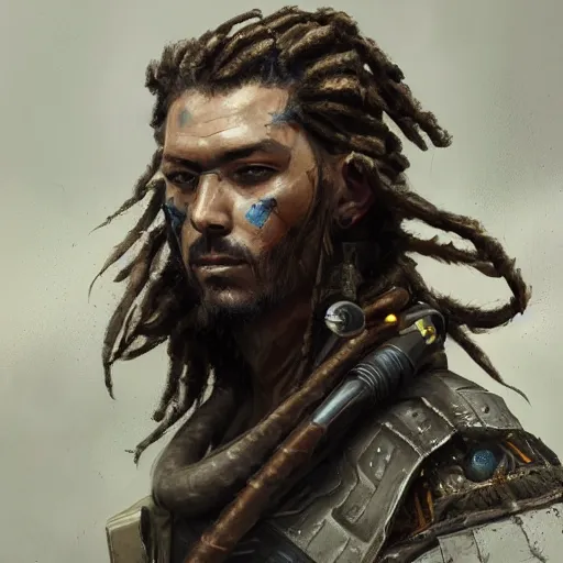 Image similar to Portrait of a man by Greg Rutkowski, a young, strong and hard-eyed warrior with brown hair with dreadlocks, wearing a futuristic tactical gear that looks like a mix between the samurai, viking and templar aesthetics, mix between tribal and hi-tech, highly detailed portrait, scifi, MMORPG, digital painting, artstation, concept art, smooth, sharp foccus ilustration, Artstation HQ