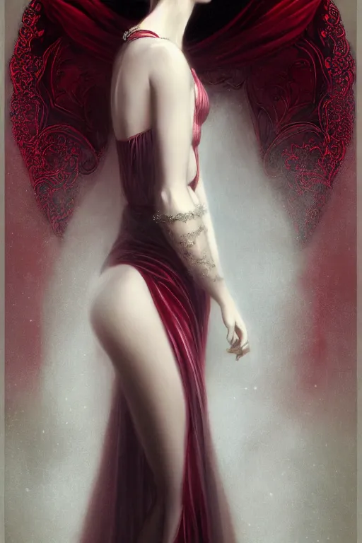 Image similar to Nocturne, glowing, stars, a long-legged elegant evil woman, highly detailed, mysterious, ethereal, dressed in red velvet, haute couture, illustration, dramatic lighting, soft details, painting, by Edmund Blair Leighton, Brom, Charlie Bowater, trending on artstation, faces by Tom Bagshaw, otto schmidt