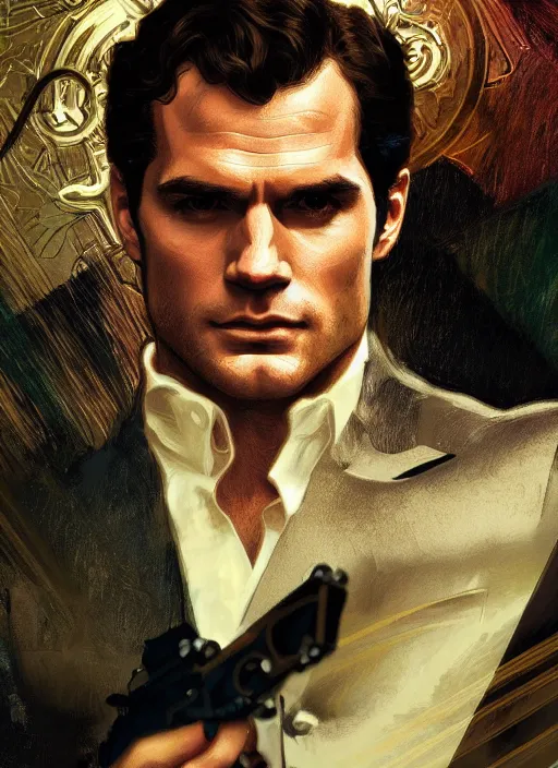 Prompt: portrait of henry cavill as james bond, casino, rain, vintage car, highly detailed, digital painting, artstation, concept art, cinematic lighting, sharp focus, illustration, by gaston bussiere alphonse mucha