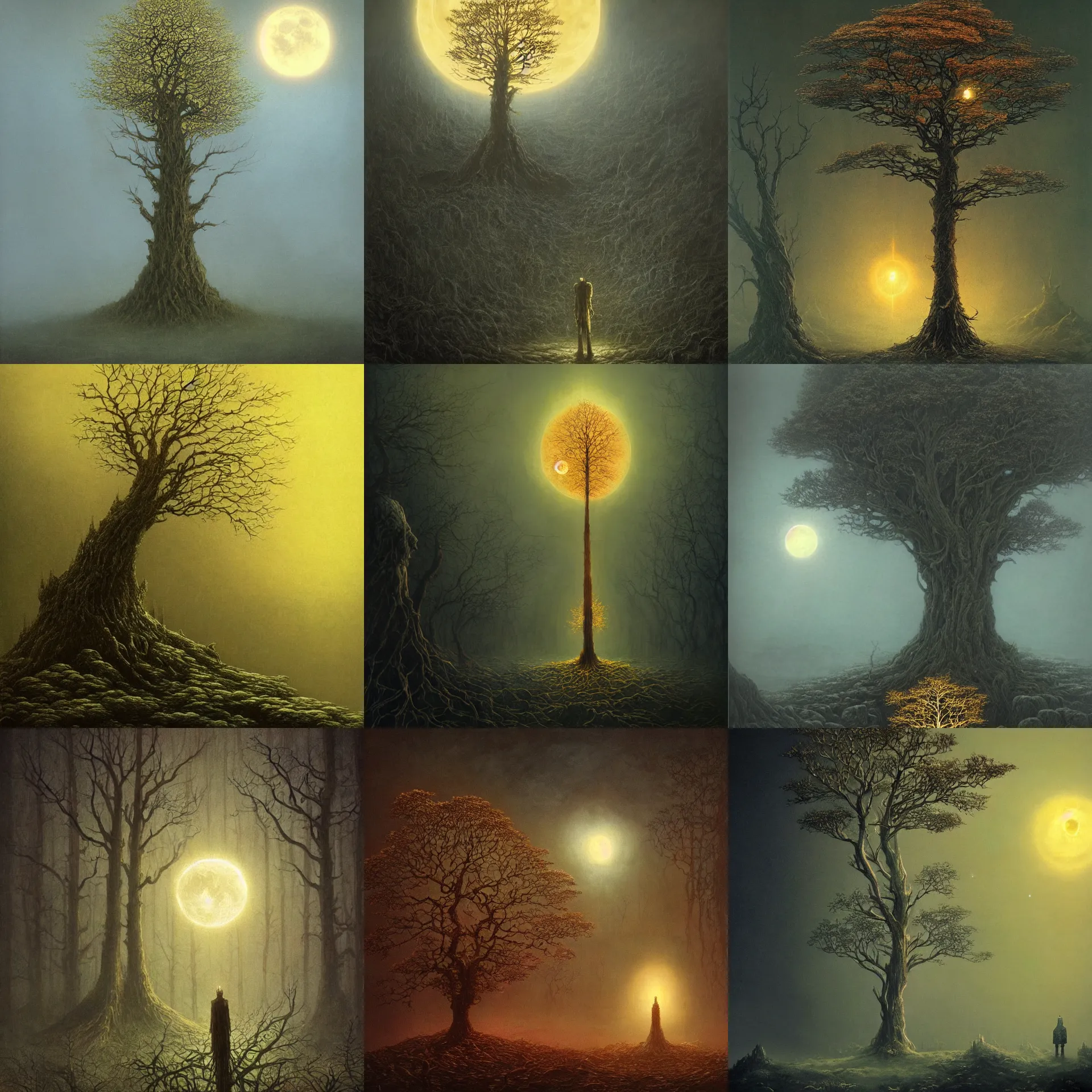 Prompt: a robust golden glowing tree growing in the middle of a dark fantasy, foggy forest, art style by Beksinski and Kentaro Miura, Dark Souls, moon light in the top background