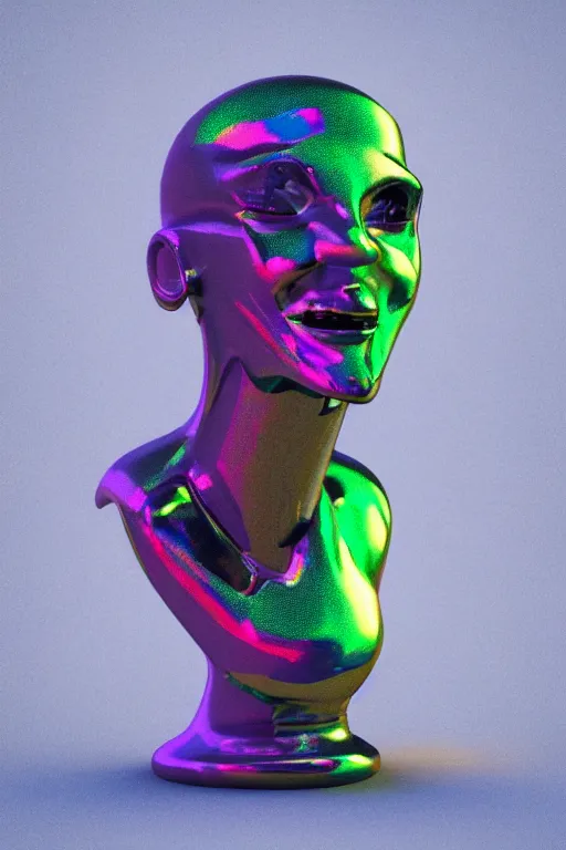 Image similar to 3d render of holographic angry human robotic screaming angry bust made of glossy iridescent, screaming, bust, surrealistic 3d illustration of a human non-binary, non binary model, 3d model human, cryengine, made of holographic texture, holographic material, holographic rainbow, concept of cyborg and artificial intelligence
