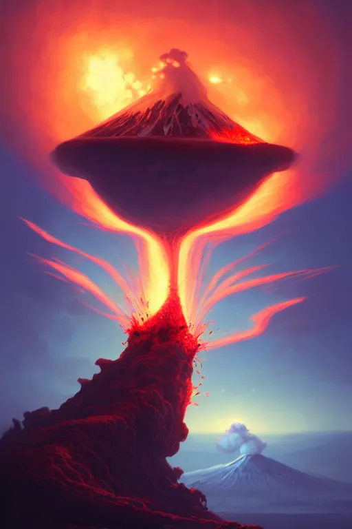 Image similar to coffee cup with volcano erupting from inside whipped cream, stephen bliss, unreal engine, fantasy art by greg rutkowski, rhads, ferdinand knab, makoto shinkai and lois van baarle, ilya kuvshinov, rossdraws, tom bagshaw, global illumination, radiant light, red blue theme, pine forest