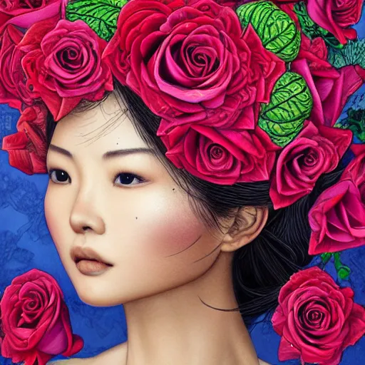 Image similar to the anatomy of a head of lettuce with roses that resemble a beautiful asian woman, an ultrafine detailed painting by james jean, intricate linework, bright colors, final fantasy, behance contest winner, vanitas, angular, altermodern, unreal engine 5 highly rendered, global illumination, radiant light, detailed and intricate environment