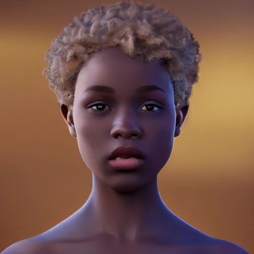 Image similar to stunning, coherent, impressive, detailed still of black girl with short blonde hair, follow shot, 3d, in the style of pixar, comic book style, 3d, highly detailed, sharp focus, bokeh, depth of field, 16k resolution, Unreal Engine 5, coherent, cinematic lighting, photorealistic, by Zhang Jingna