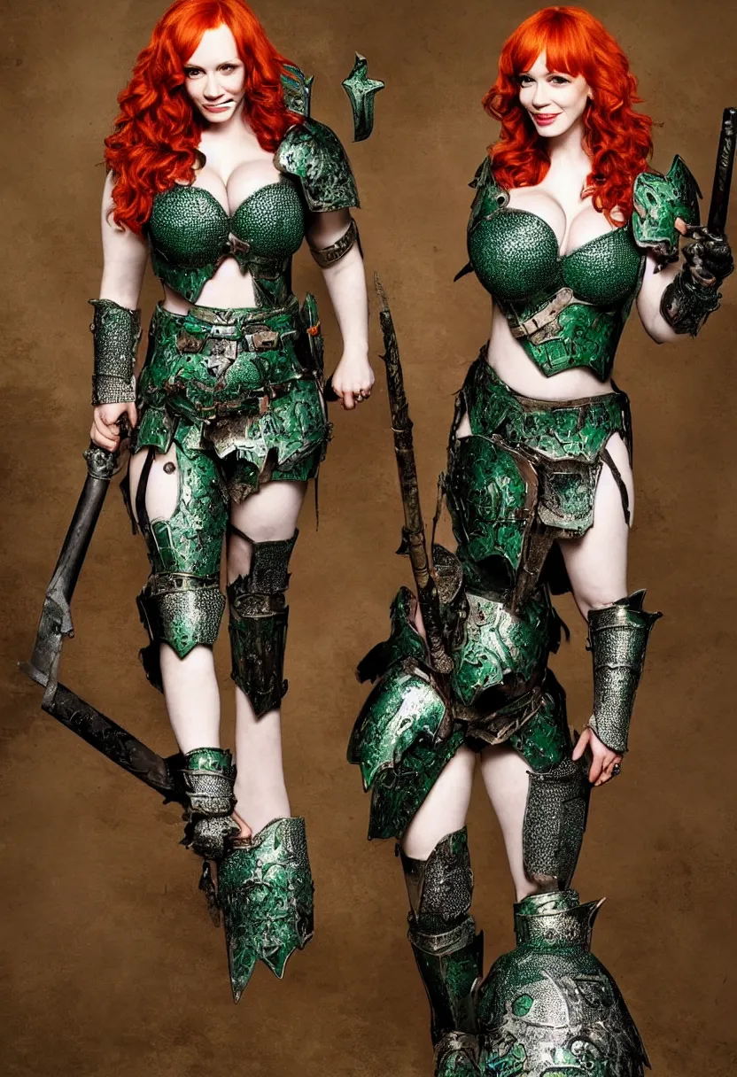 Prompt: full body photo of christina hendricks as a warrior with emerald encrusted armour