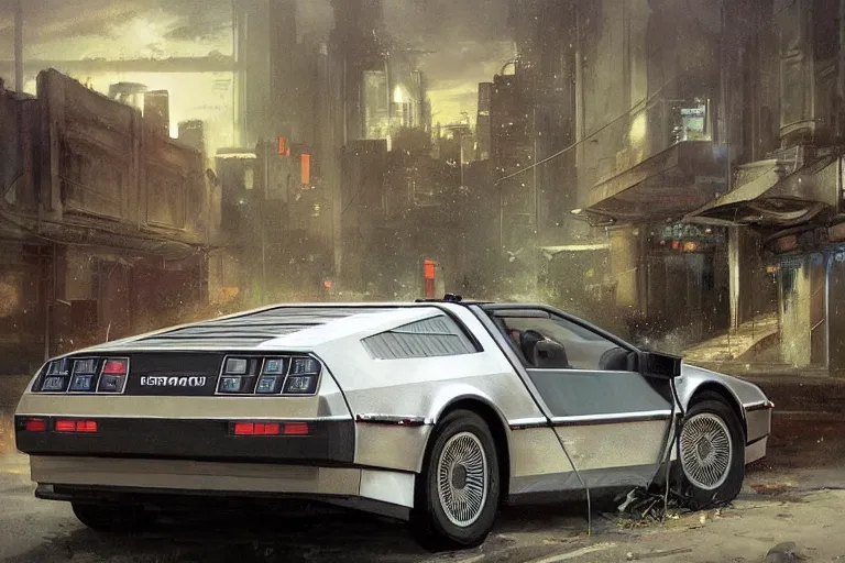 Image similar to photograph of the delorean, with a sleek spoiler, driving down the streets of a cyberpunk abandoned city, by greg rutkowski, by stanley artgerm, by alphonse mucha