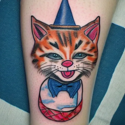 Image similar to adorable cat dressed as a clown tattoo design