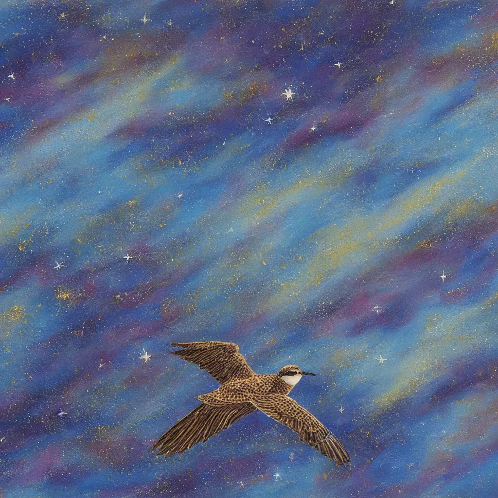 Image similar to oil painting closeup of a pacific golden plover flying in front of a swirling galaxy, shimmering stars, milky way