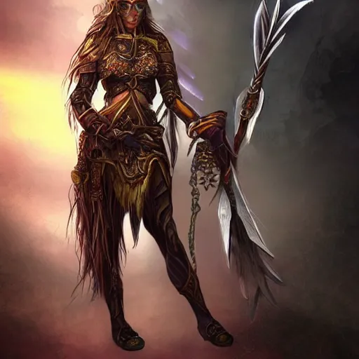 Image similar to concept art of beautiful priestess in warrior pose, hyper detailed