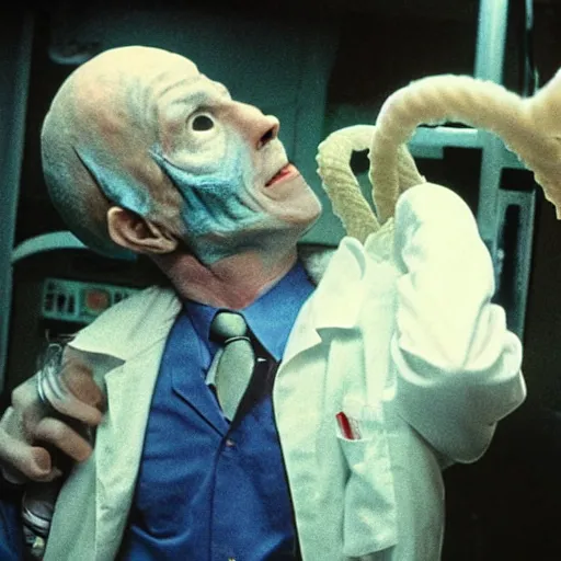 Prompt: a hyper detailed filmic closeup 30mm color film photograph of a bundle of dangerous gorey shape shifting alien tendrils strangling and smothering a male 70-year-old doctor wearing a blue lab coat under dreary fluorescent lights in the style of a horror film still