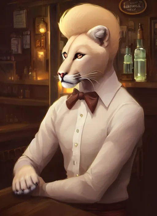 Image similar to beautiful portrait commission of a male furry anthro albino mountain lion wearing a dress shirt in an old-timey Saloon. Atmospheric. Character design by charlie bowater, ross tran, artgerm, and makoto shinkai, detailed, inked, western comic book art