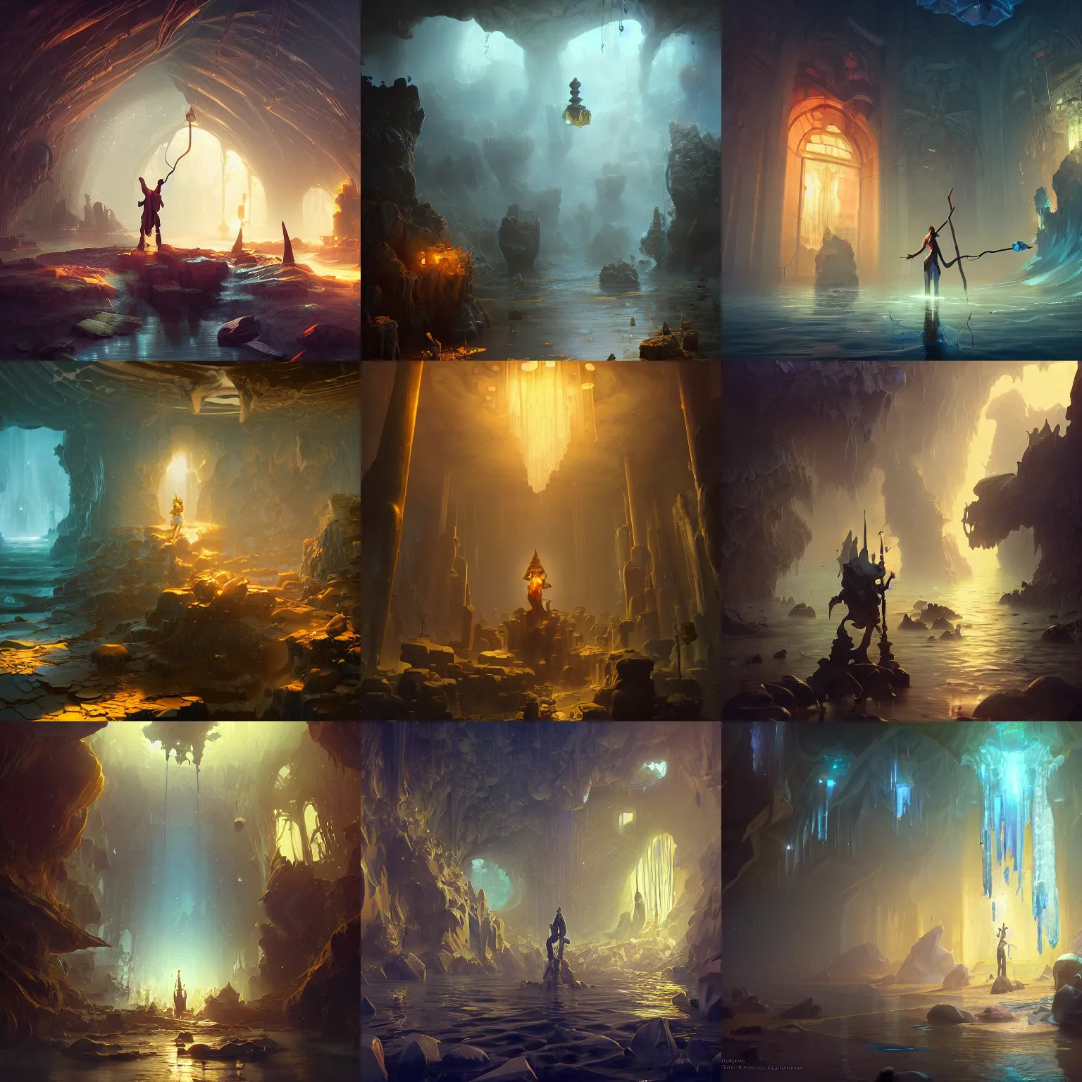 Prompt: flooded bank of gold, crystals hanging from ceiling, treasure on walls, by peter mohrbacher dan mumford craig mullins nekro, cgsociety, pixiv, volumetric light, 3 d render