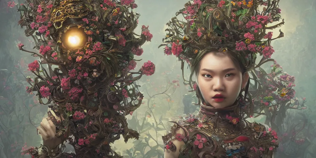 Image similar to breathtaking detailed concept art painting of a minion, with anxious, piercing eyes, ornate background, amalgamation of leaves and flowers, by hsiao - ron cheng, extremely moody lighting, 8 k