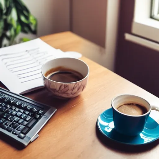 Image similar to my lovely woman working at the table with a notebook, a morning coffee on her side