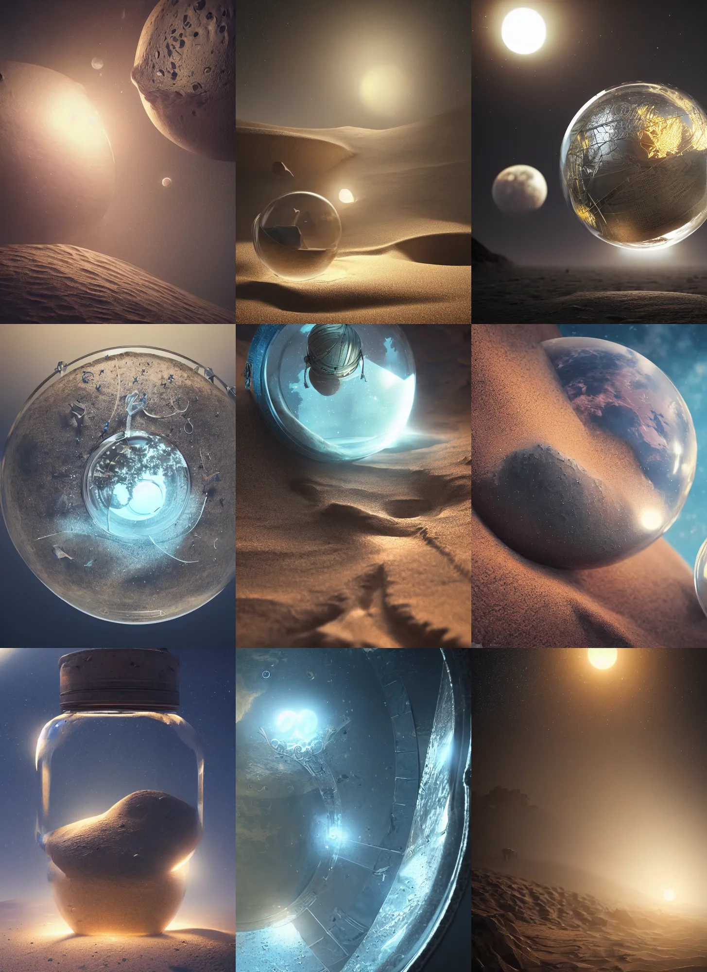 Prompt: planisphere moons in a glass jar buried in sand, intricate detail, volumetric lighting, epic composition, hyper detailed, ultra realistic, sharp focus, octane render, volumetric, ray tracing, artstation trending, cgsociety, sense of awe, swirling mist, 4 k