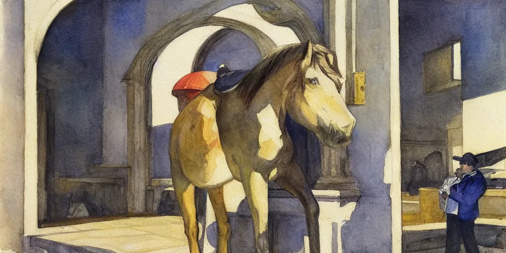 Prompt: a beautiful expressive water colour of a aetherpunk horse by edward hopper in the style of renaissance art, trending on art station