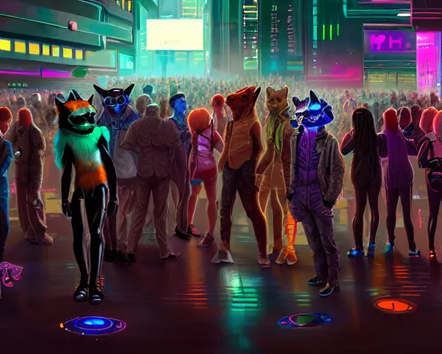 Image similar to high - resolution photograph from a cyberpunk era furry fandom convention ( midwest furfest 2 0 4 7 ), taking place after the genetic revolution and singularity. photorealistic.