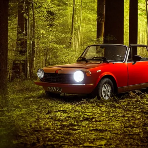 Image similar to fiat 1 2 4 in the dark forest, night, headlights on