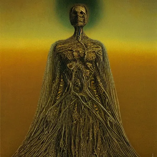 Image similar to the queen of the sun by zdzislaw beksinski and h. r. giger, oil on canvas