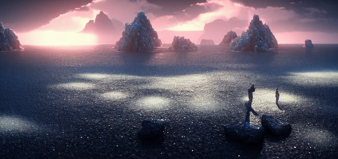 Image similar to octane render uhd, 8 k art photography, filmic lighting, cinematic art shot, hyperrealistic, hyperdetailed, super detailed, 8 k, high resolution, mysterious strangle glowing crystalline structure made of white rocks in the far distance, 8 k uhd photography by ross tran and ivan aivazovsky, black water, midnight