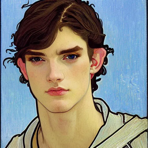 Image similar to portrait painting of young handsome beautiful paladin elf!! man with long! wavy dark hair and blue eyes in his 2 0 s named taehyung minjun james, pale, wearing armor!, gorgeous hair, elf ears, icy eyes, elegant, cute, delicate, soft facial features, art by alphonse mucha, vincent van gogh, egon schiele,