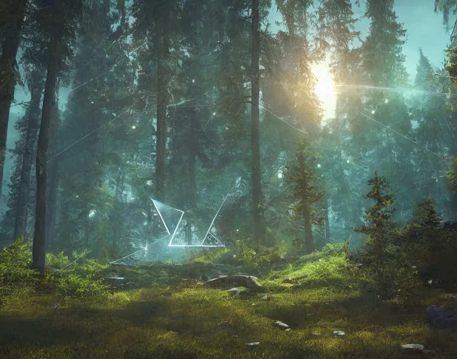 Image similar to flying geometric shiney triangle in forest, beautiful graphics, fantasy artwork, very beautiful scenery, hd, hdr, ue 5, ue 6, unreal engine 5, cinematic 4 k wallpaper, 8 k, ultra detailed, by popular digital, details, beautiful image ever created, high resolution, artstation, award winning