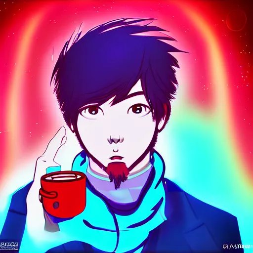 Image similar to A man drinking a cup of cosmic energy bright light by Masafumi Harada, 4k, digital art, surreal, anime style, Park Sung-woo Red Ice style