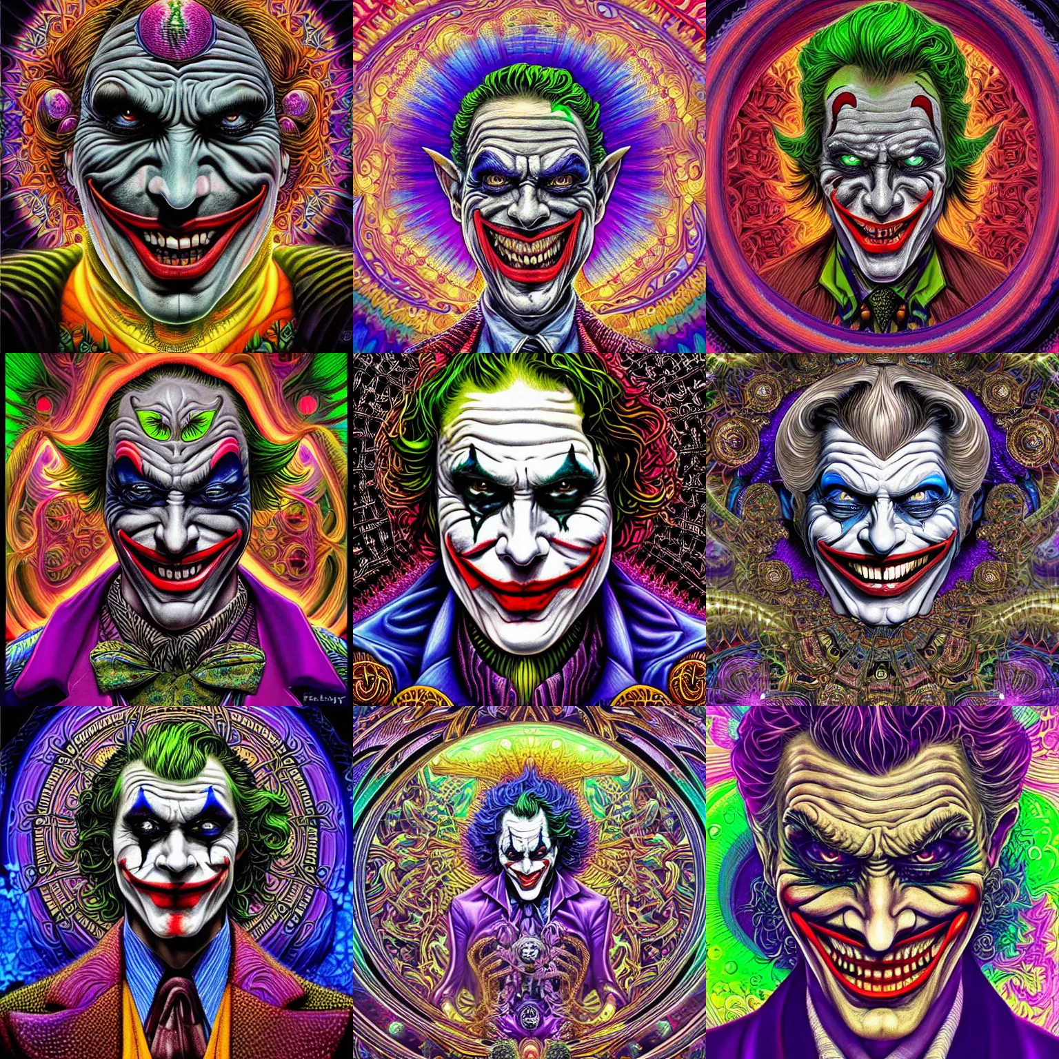 Prompt: a intricate ornate psychedelic image of a joker, digital art by felix kelly, alex grey, dan mumford, artgerm, psychedelic art, psychedelic, fractalism, fractals, sacred geometry, artstation, detailed, art, hyper realism, hyper detailed, cgsociety, ue 5, hd, 3 d