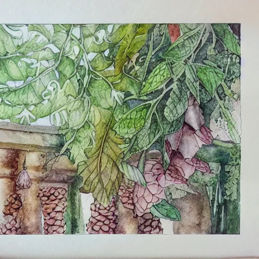 Image similar to delicate garden on paper floating puffy vines botanical 1 9 2 0 herbarium botanic watercolors river rain iridescent 8 k wide angle realistic shaded fine details, artstation italian rainbow colonnade oak pinecone gardena architecture pompeii