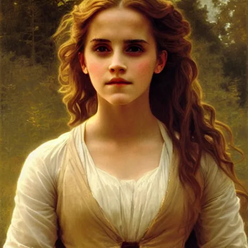 Image similar to painting of emma watson as hermione granger. beautiful. gorgeous. during golden hour. art by william adolphe bouguereau.