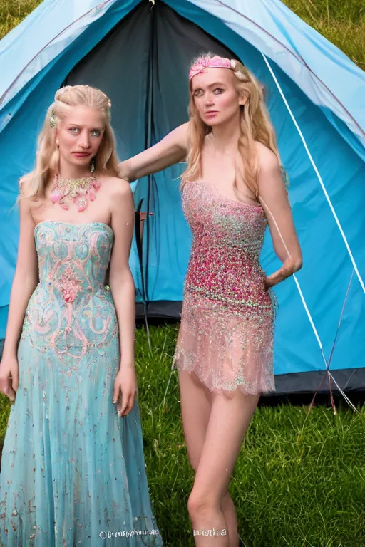 Image similar to a princess with long blonde hair and light blue eyes wearing a strapless elaborately beaded pink dress standing next to a green popup camping tent, high resolution film still, 8k, HDR color, film by Simon Langton and David Frankel, triangular face, very light freckles, round narrow chin, straight jawline, natural lips, high cheekbones, beautiful gazing eyes, green outdoor camping tent