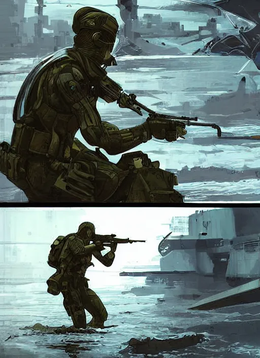 Prompt: solid snake. USN blackops operator emerging from water at the shoreline. Operator wearing Futuristic cyberpunk tactical wetsuit and looking at an abandoned shipyard. Frogtrooper. rb6s, MGS, and splinter cell Concept art by James Gurney, Alphonso Mucha. Vivid color scheme.