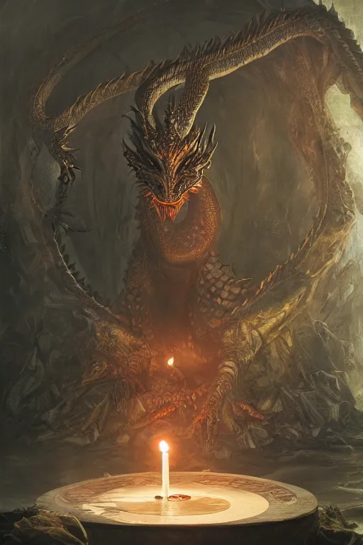 Image similar to a humanoid dragon king stands inside a magical circle by greg rutkowski, magic realism, hyper realistic, 2 0 0 mm lens, candlelight